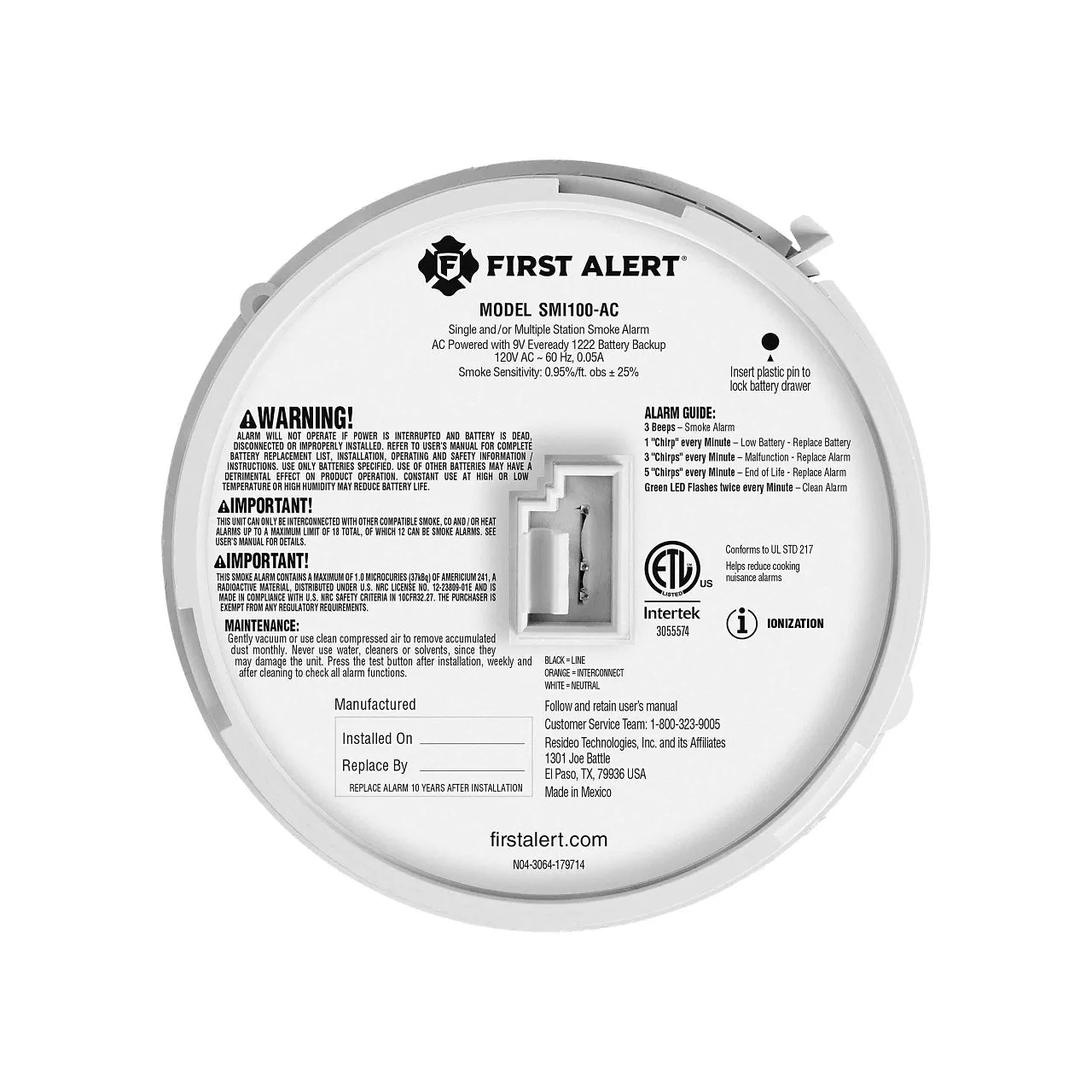 BRK First Alert SMI100-AC Interconnectable Ion Smoke Alarm w/Battery Backup