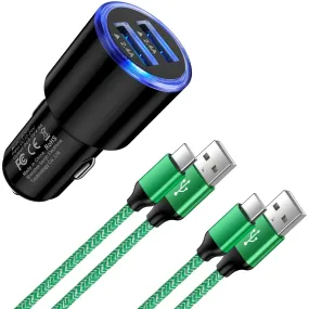 classic Car Charger with 2 Pack 6FT3FT Type C Cable Dual Port USB Car Charger Adapter Fast Charging,  2 Port Car Charger with 6FT3FT Charging Cable Cord Nylon Braided for Samsung Android, Black