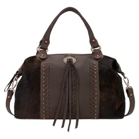 Cow Town Large Zip-Top Convertible Satchel with Secret Compartment - Chocolate and Brindle Hair on Hide