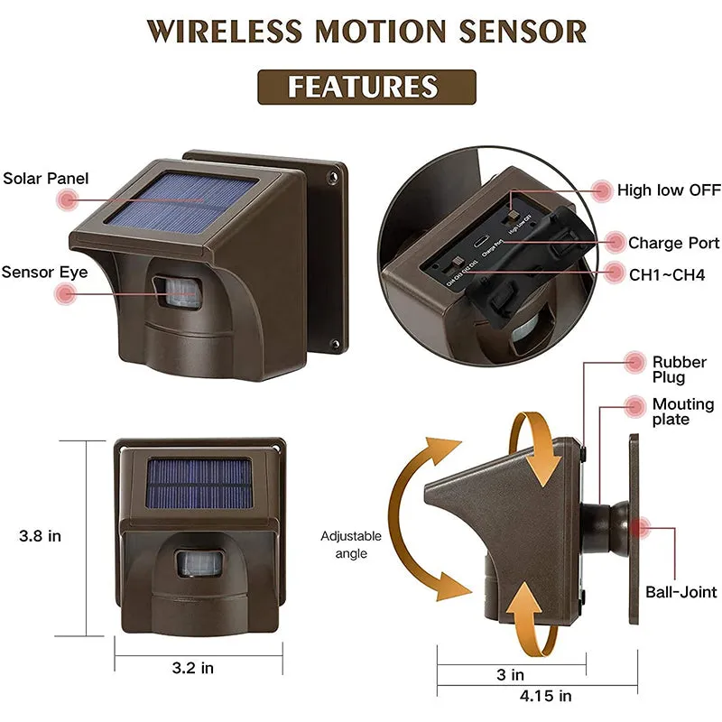 Driveway Alarm Solar Wireless Outdoor Weather Resistant Motion Sensor