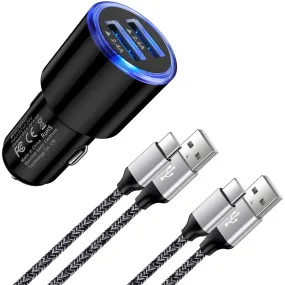 essential Car Charger with 2 Pack 6FT3FT Type C Cable Dual Port USB Car Charger Adapter Fast Charging,  2 Port Car Charger with 6FT3FT Charging Cable Cord Nylon Braided for Samsung Android, Black