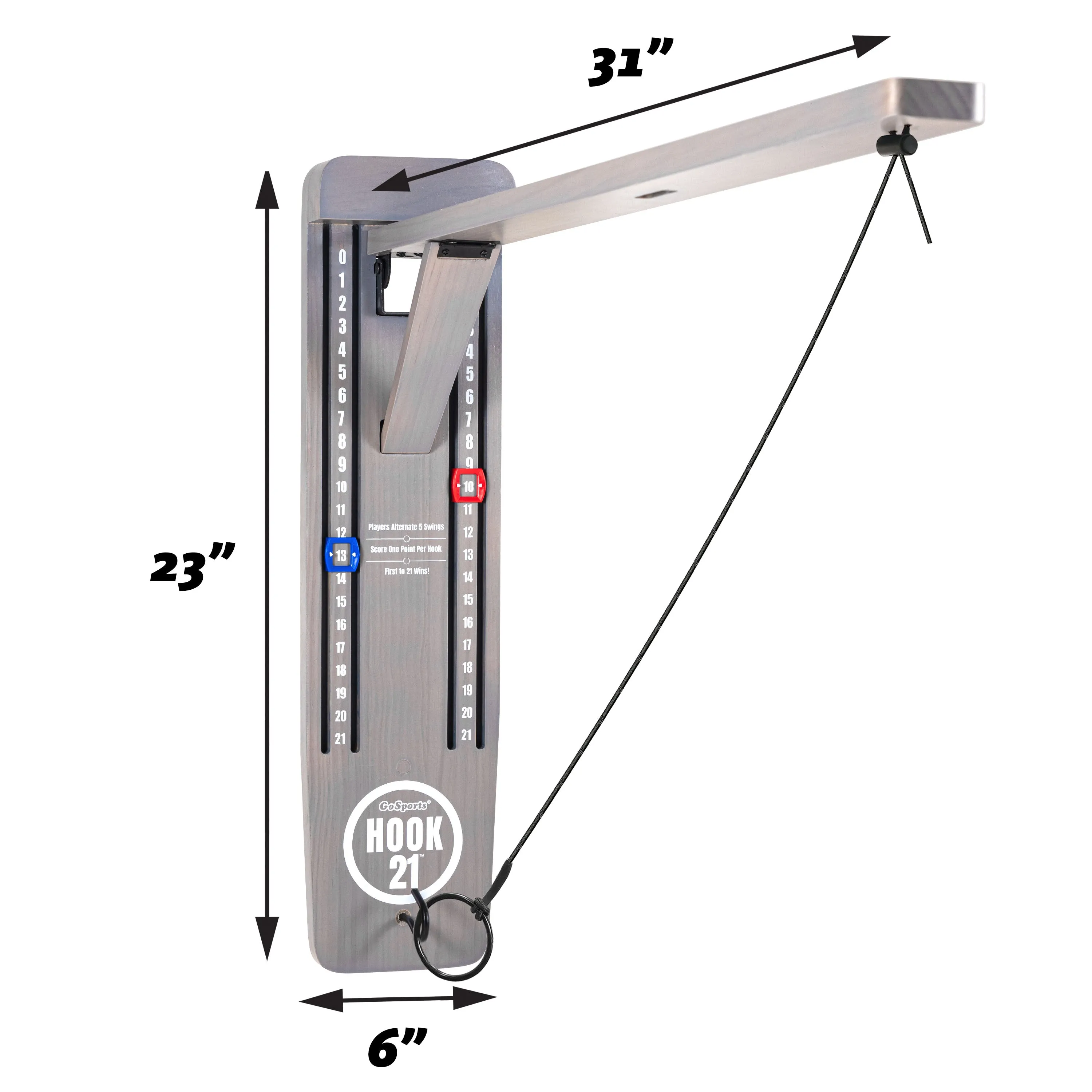 GoSports Hook21 Ring Swing Game - Indoor or Outdoor Ring Toss Game with Foldable Arm - Gray