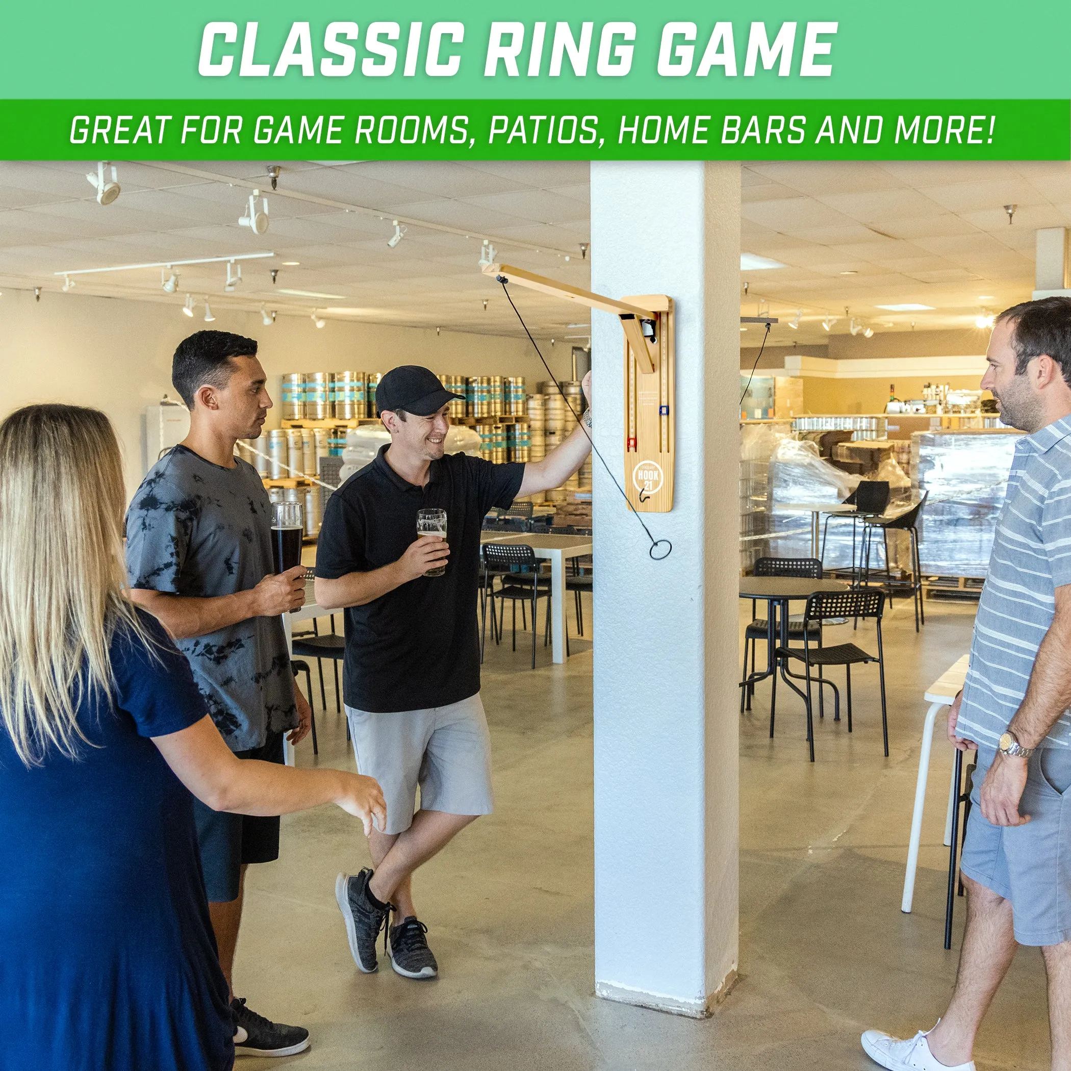 GoSports Hook21 Ring Swing Game - Indoor or Outdoor Ring Toss Game with Foldable Arm - Natural