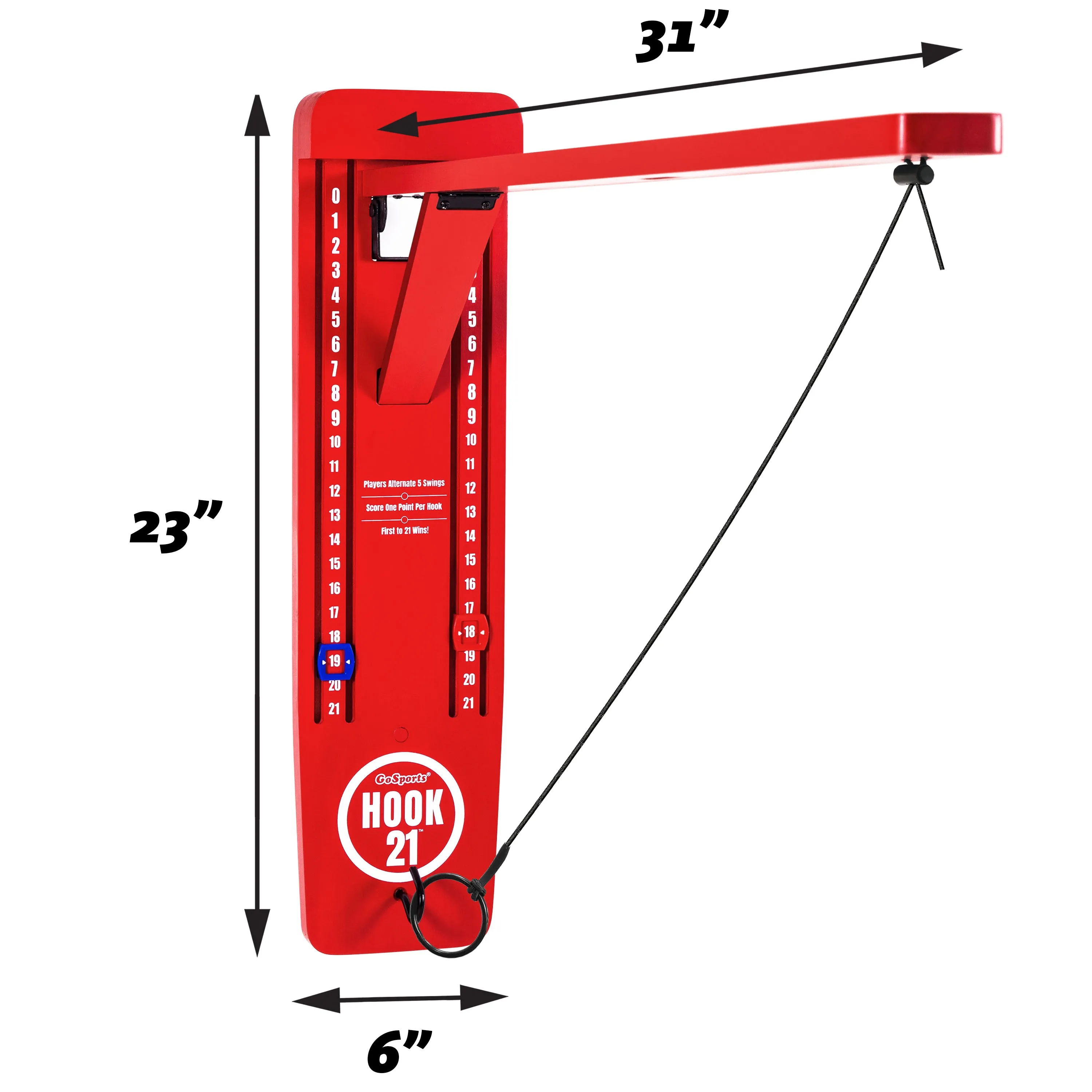 GoSports Hook21 Ring Swing Game - Indoor or Outdoor Ring Toss Game with Foldable Arm - Red
