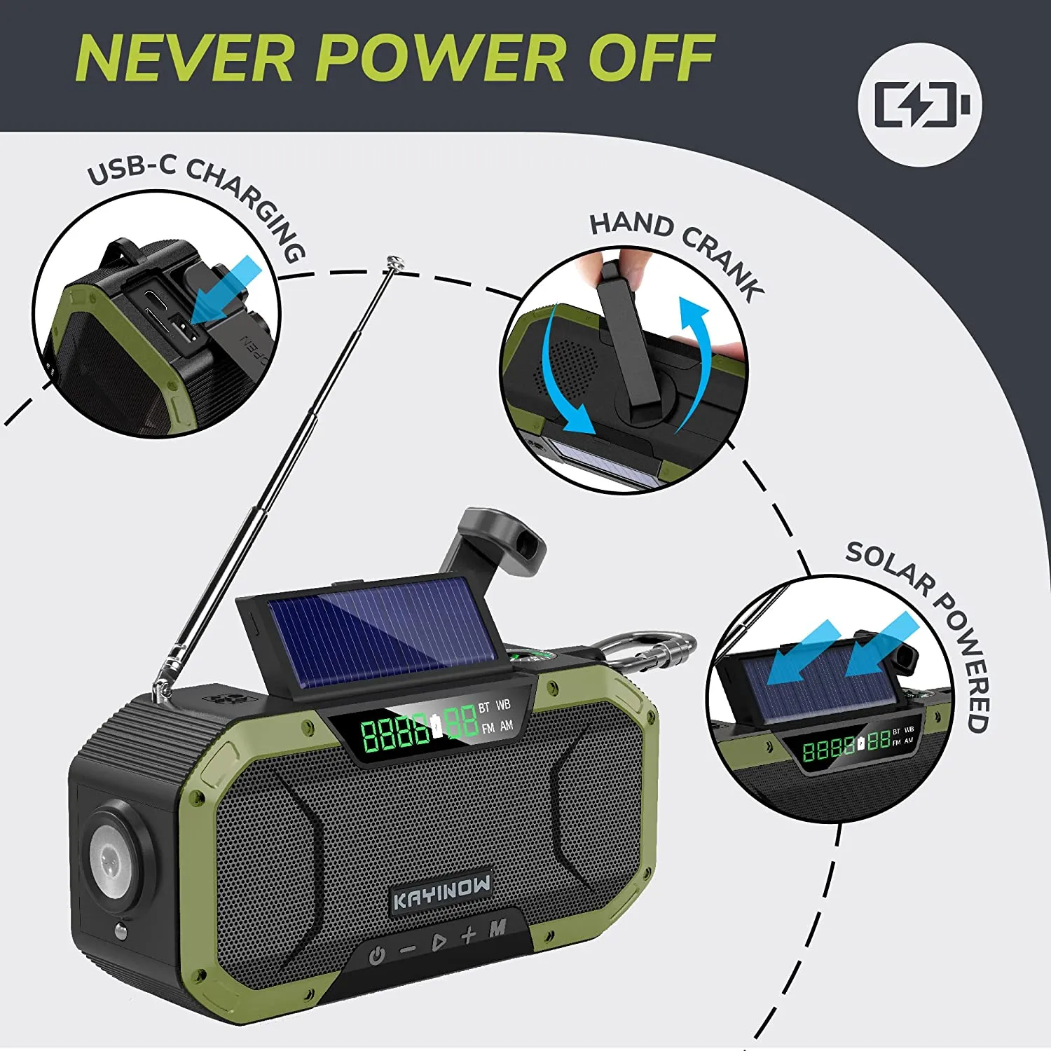Hand Crank Radio with Bluetooth Speaker – Multifunctional Emergency Radio with Solar Panel,Flashlight,AM,FM – NOAA Weather Radio with 5000mAh Battery – IPX5 Waterproof Crank Radio for Camping, Outdoor