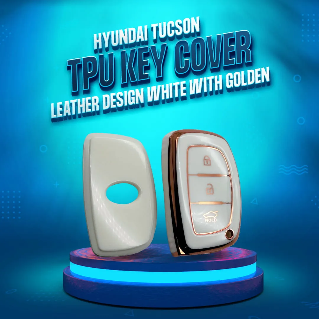 Hyundai Tucson TPU Key Cover Leather Design White With Golden 3 Buttons - Model 2020-2024