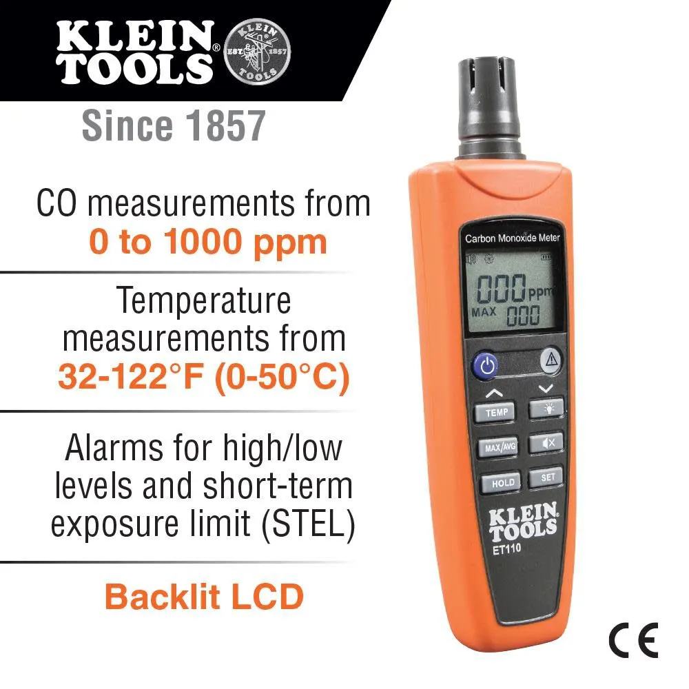 Klein Tools ET110 CO Meter, Carbon Monoxide Tester and Detector with Exposure Limit Alarm, 4 x AAA Batteries and Carry Pouch Included