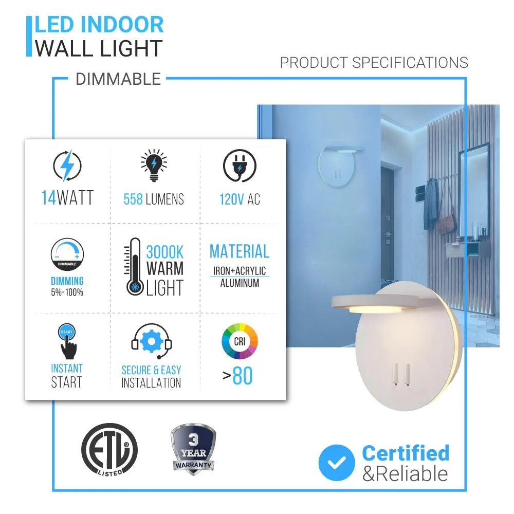 LED Wall Sconce Light Fixture, Dimmable, 3000K (Warm White) (W706222-1)