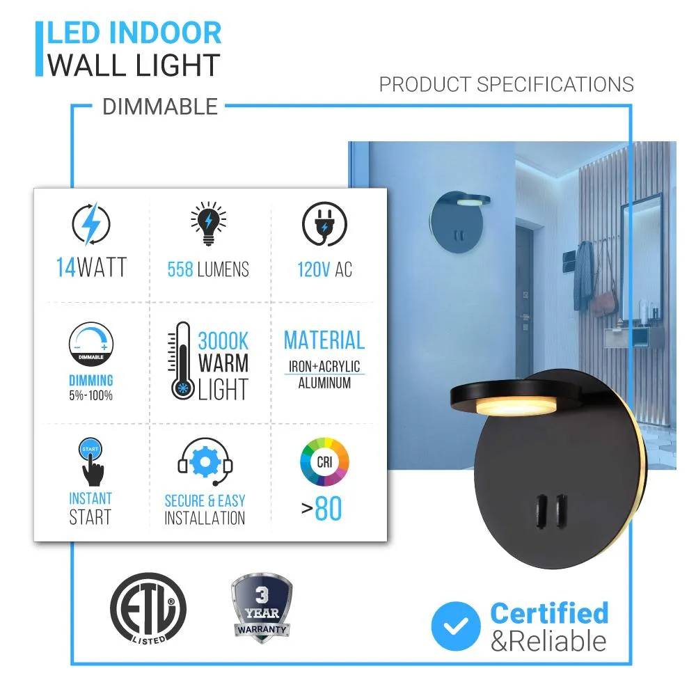 LED Wall Sconce Light Fixture, Dimmable, 3000K (Warm White) (W706222-1)