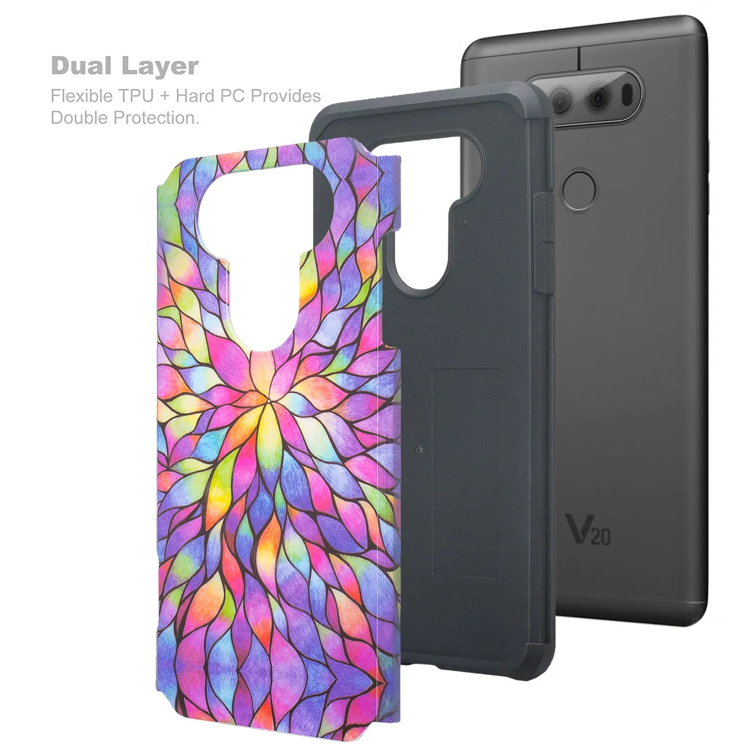 LG V20 Case, Slim Dual Layer Protective Armor Hybrid Case for LG V20 - Rainbow Flower