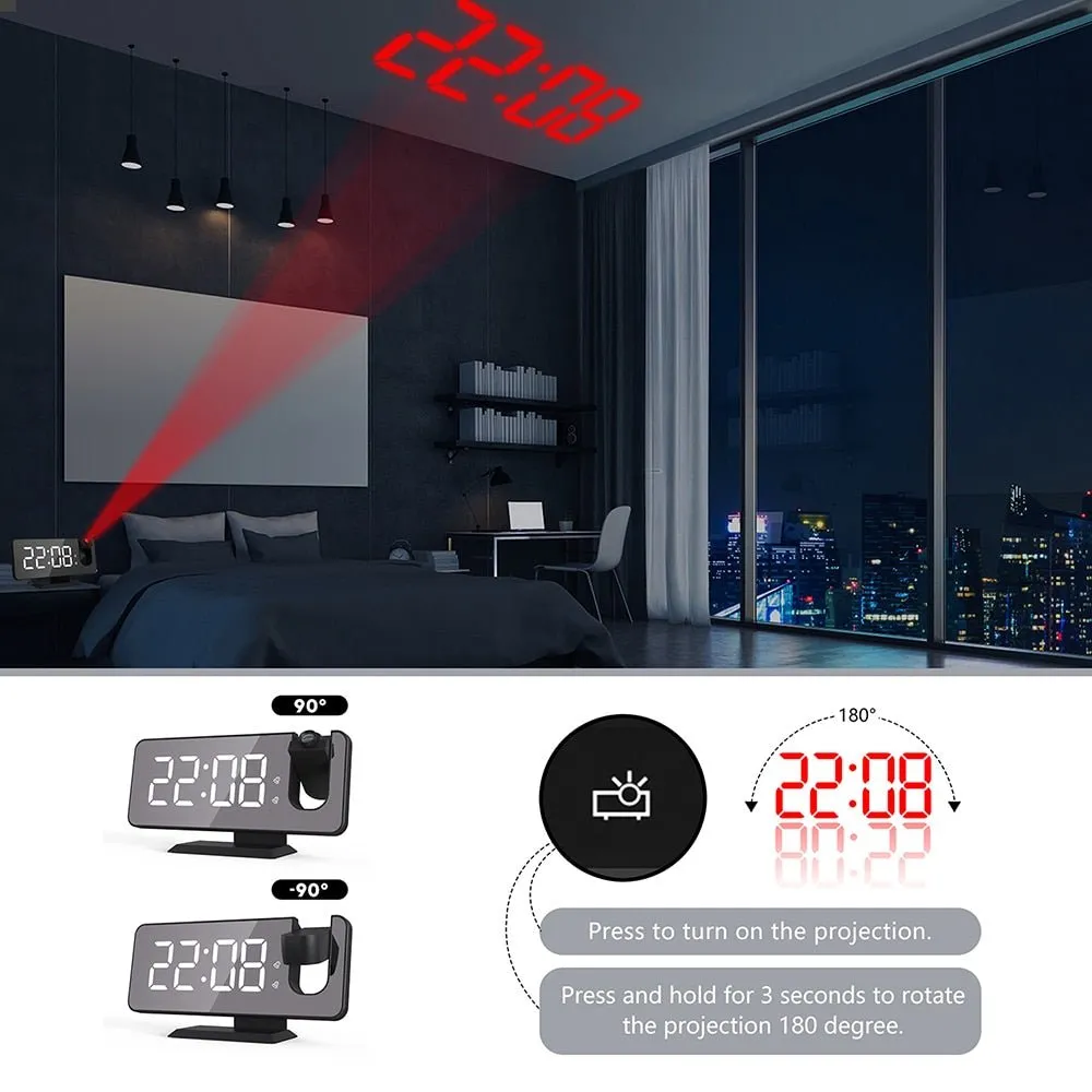 Mirror Projection Alarm Clock - FM Radio LED Digital Smart Alarm Clock with 180° Time Projection Snooze