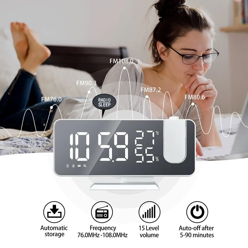 Mirror Projection Alarm Clock - FM Radio LED Digital Smart Alarm Clock with 180° Time Projection Snooze