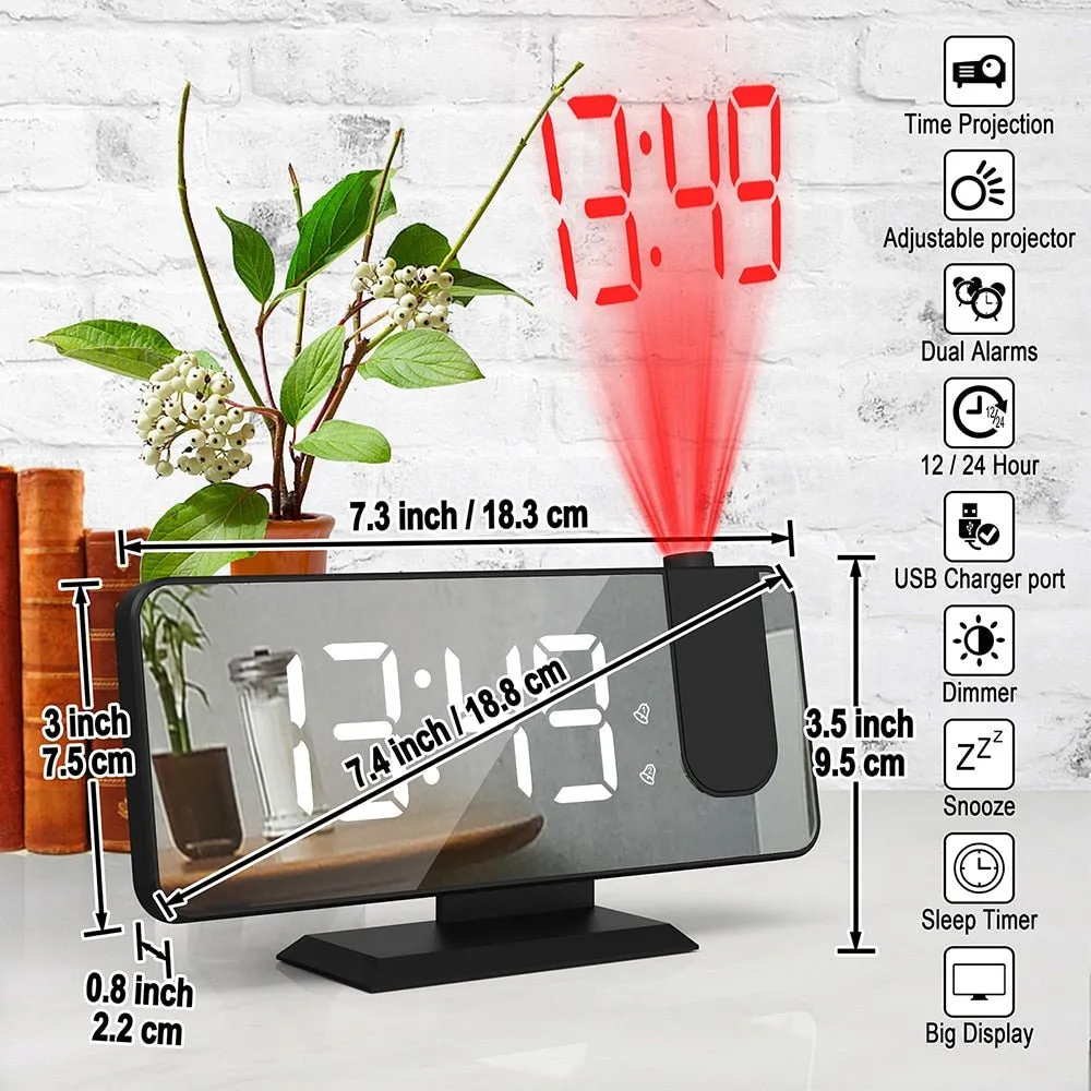 Mirror Projection Alarm Clock - FM Radio LED Digital Smart Alarm Clock with 180° Time Projection Snooze