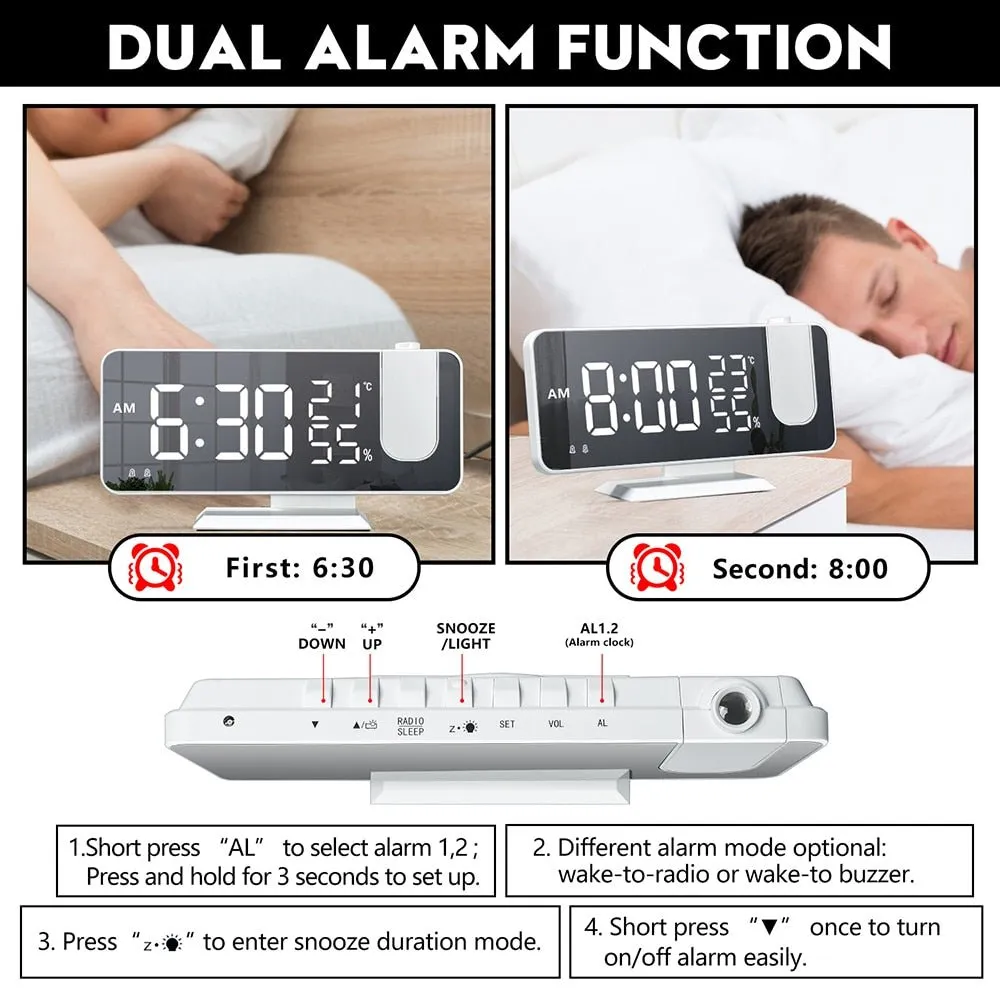 Mirror Projection Alarm Clock - FM Radio LED Digital Smart Alarm Clock with 180° Time Projection Snooze