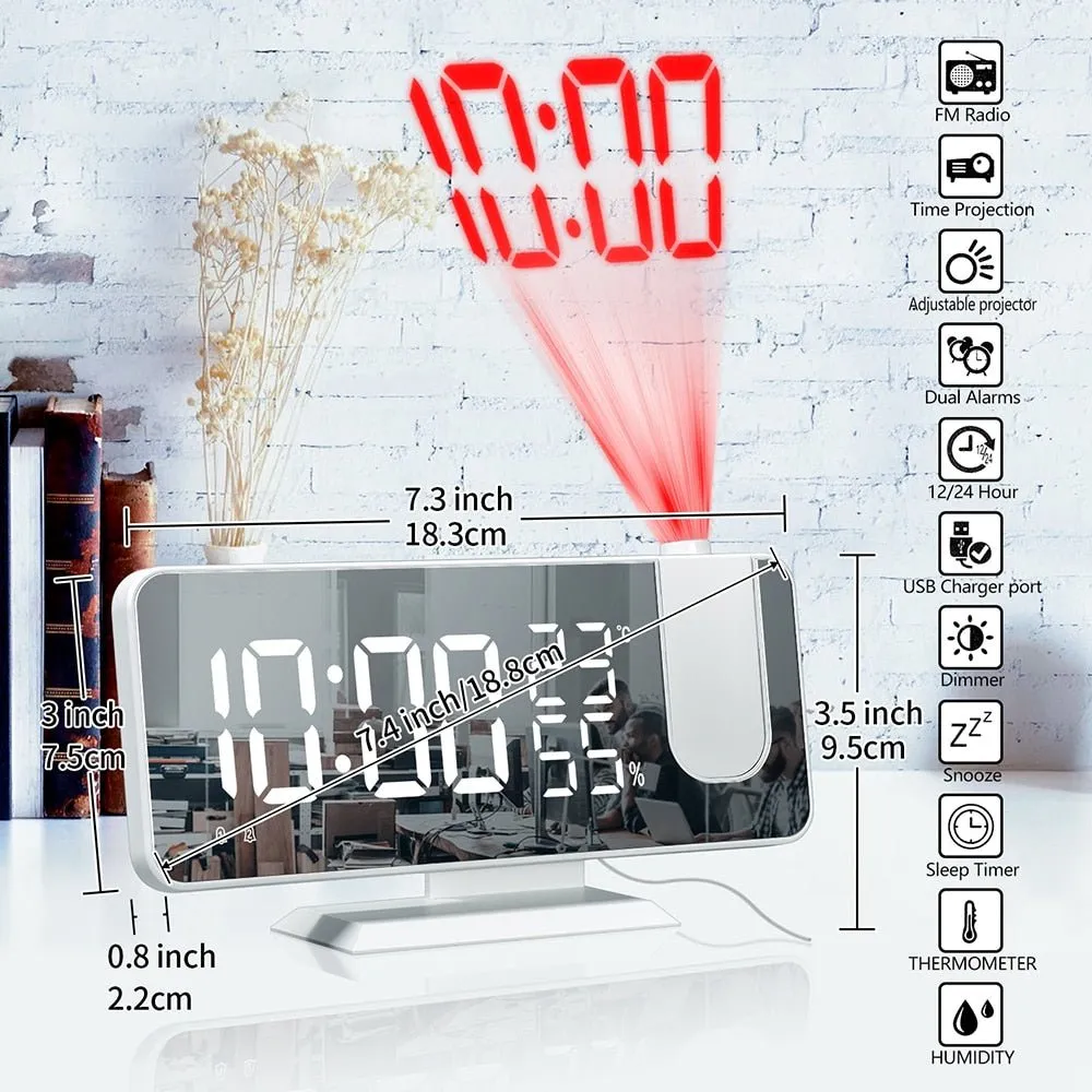 Mirror Projection Alarm Clock - FM Radio LED Digital Smart Alarm Clock with 180° Time Projection Snooze