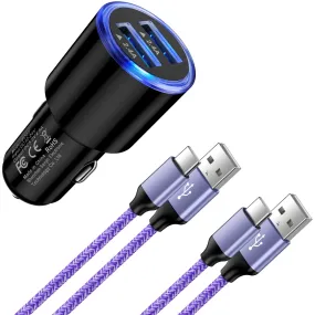 modern Car Charger with 2 Pack 6FT3FT Type C Cable Dual Port USB Car Charger Adapter Fast Charging,  2 Port Car Charger with 6FT3FT Charging Cable Cord Nylon Braided for Samsung Android, Black