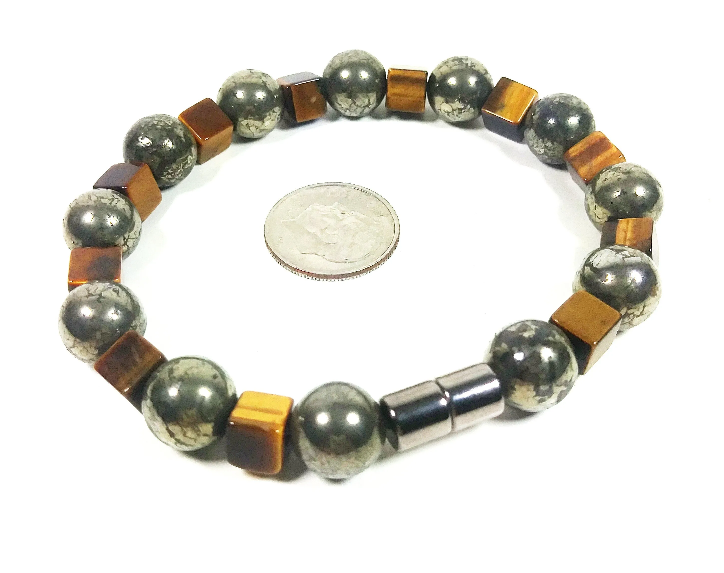 Pyrite & Tiger Eye Bead Bracelet For Men And Women - Confidence - Protection -Super Strong Magnetic Clasp