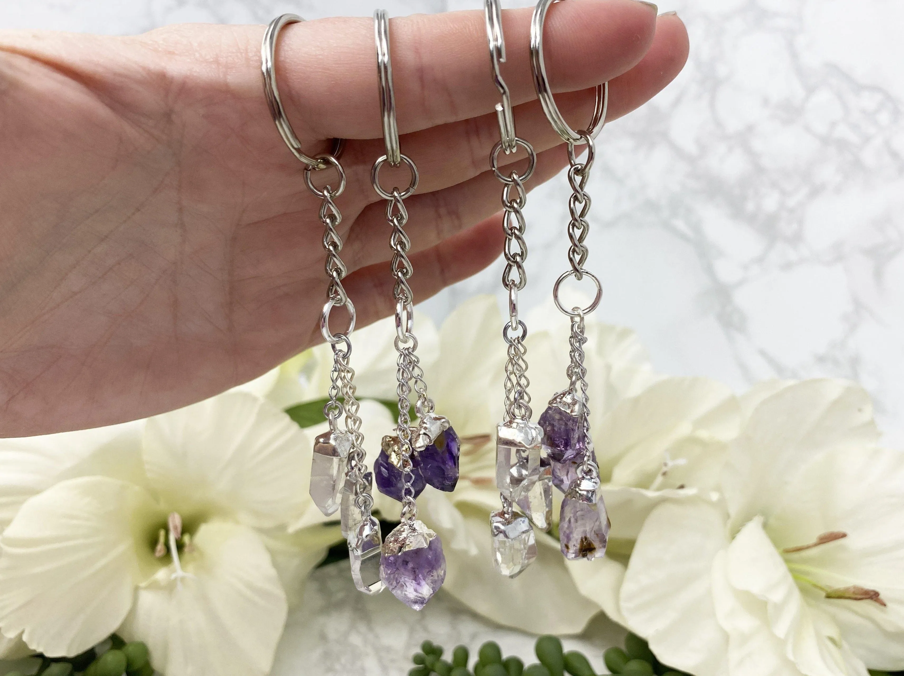 Quartz or Amethyst Keychains