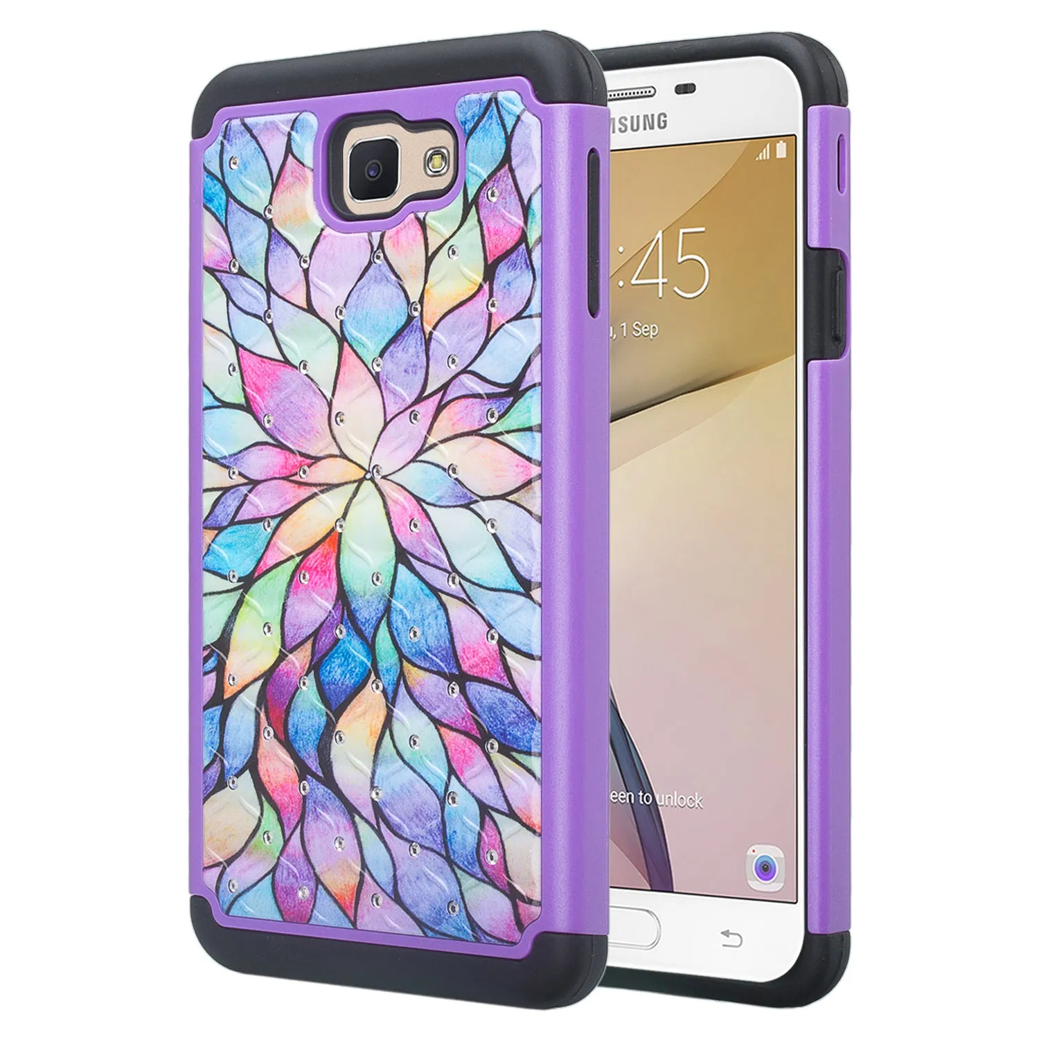 Samsung Galaxy J7 Prime, G610, Galaxy On 7 Case, Slim Hybrid [Shock Resistant] Dual Layer Protective Case Cover - Rainbow Flower
