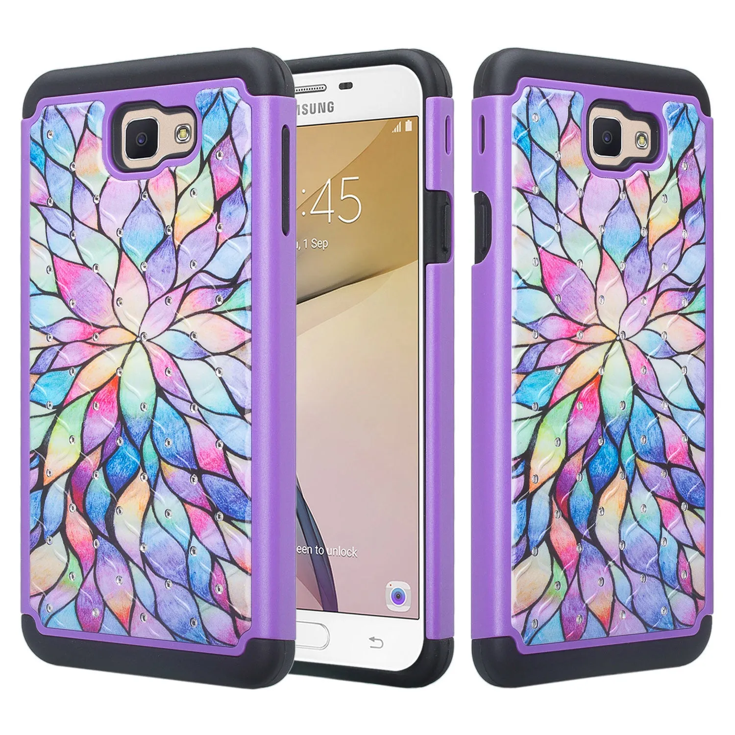Samsung Galaxy J7 Prime, G610, Galaxy On 7 Case, Slim Hybrid [Shock Resistant] Dual Layer Protective Case Cover - Rainbow Flower