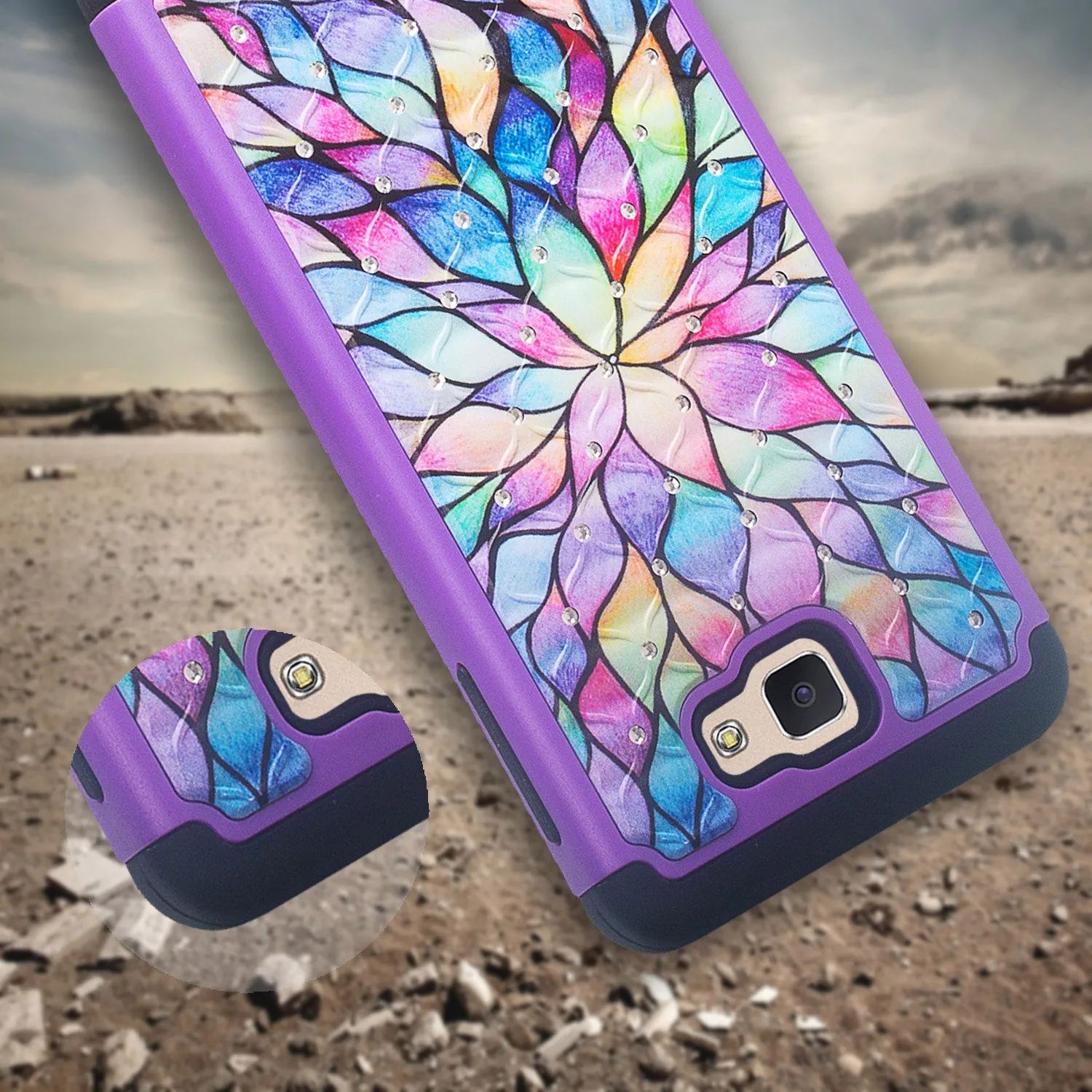 Samsung Galaxy J7 Prime, G610, Galaxy On 7 Case, Slim Hybrid [Shock Resistant] Dual Layer Protective Case Cover - Rainbow Flower