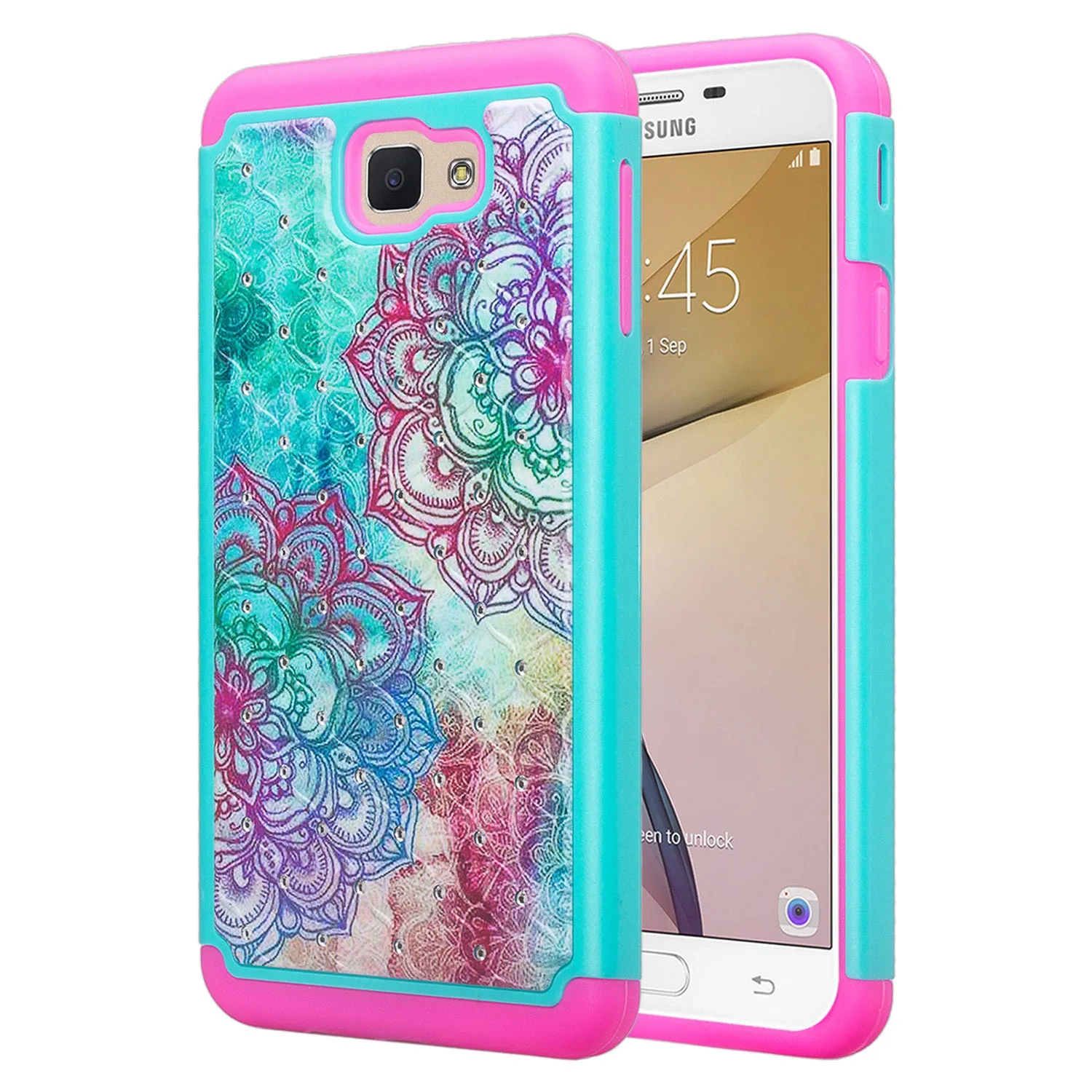 Samsung Galaxy J7 Prime, G610, Galaxy On 7 Case, Slim Hybrid [Shock Resistant] Dual Layer Protective Case Cover - Teal Flower