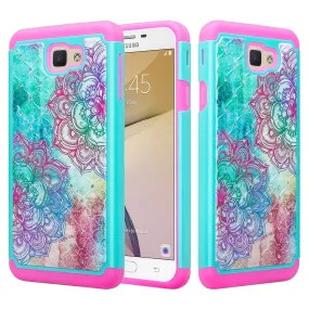 Samsung Galaxy J7 Prime, G610, Galaxy On 7 Case, Slim Hybrid [Shock Resistant] Dual Layer Protective Case Cover - Teal Flower