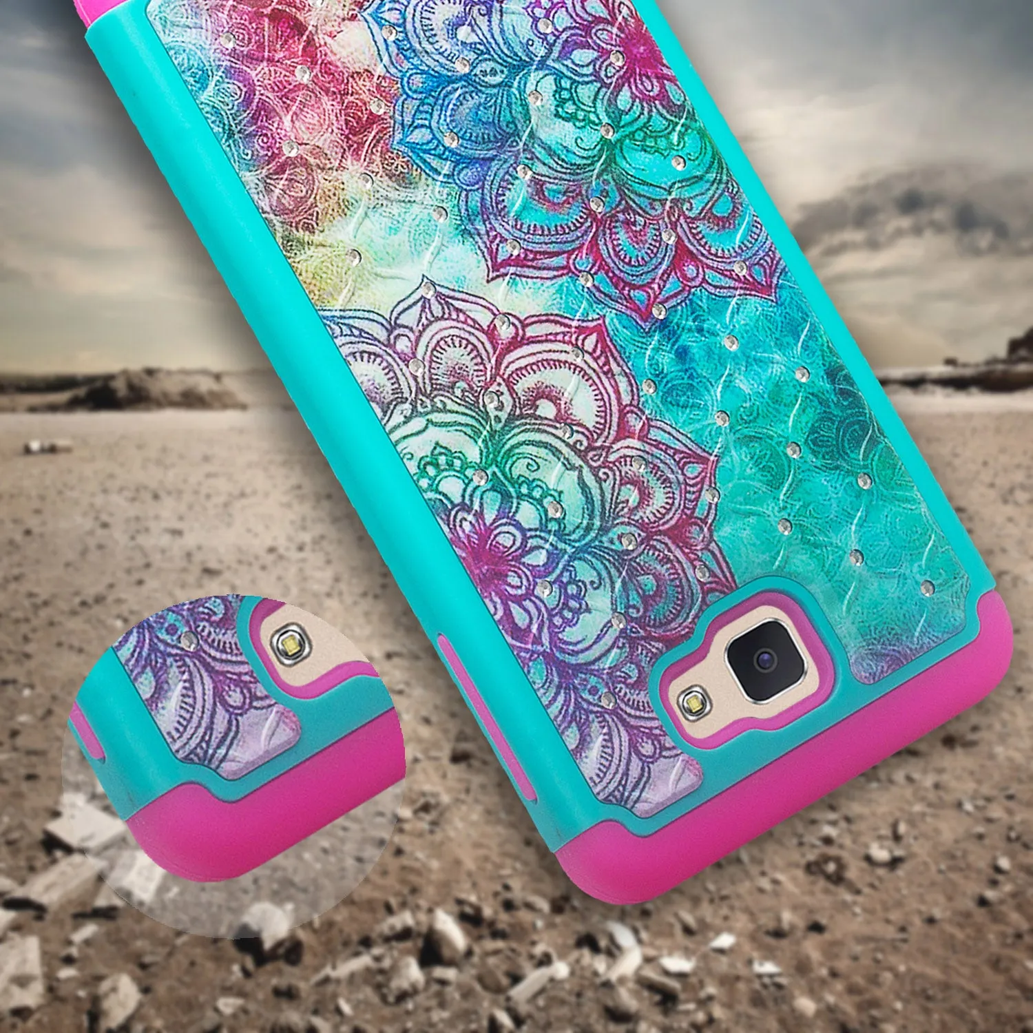Samsung Galaxy J7 Prime, G610, Galaxy On 7 Case, Slim Hybrid [Shock Resistant] Dual Layer Protective Case Cover - Teal Flower