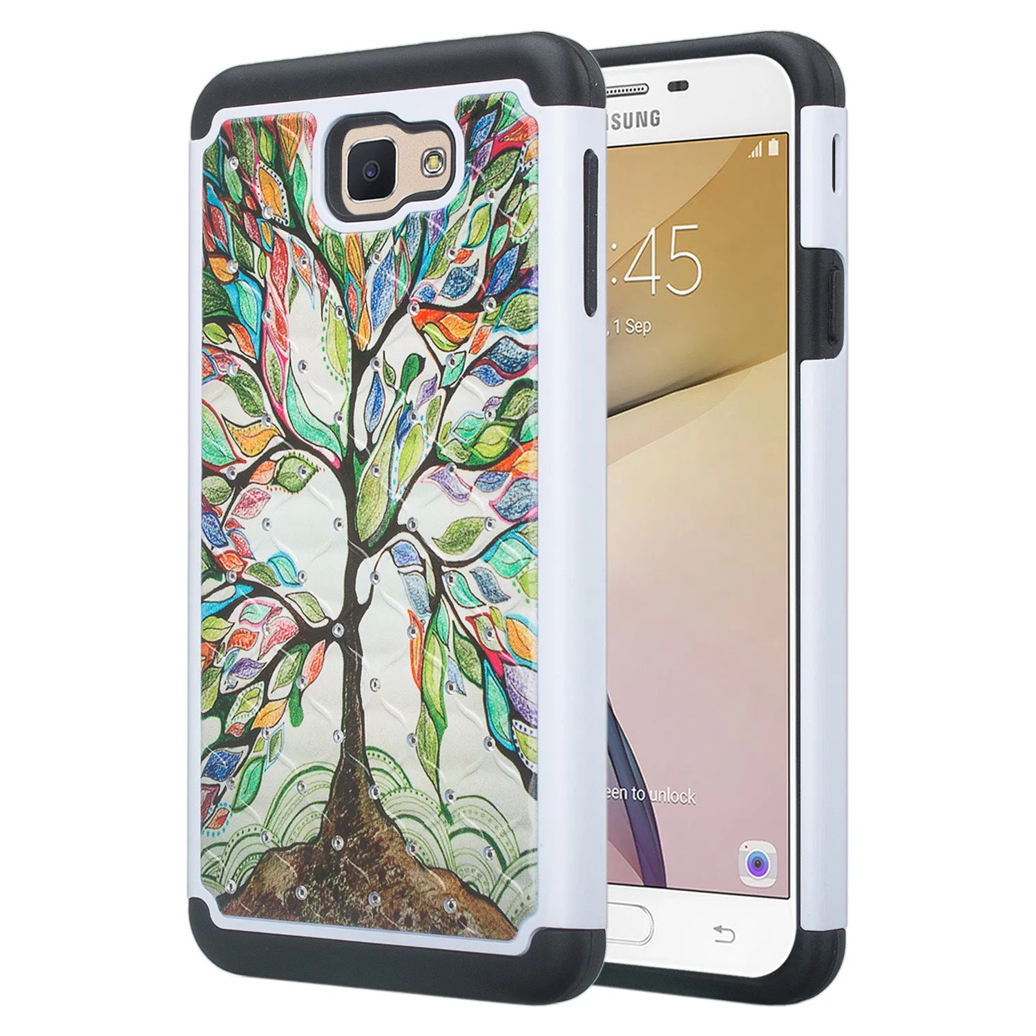 Samsung Galaxy J7 Prime, G610, Galaxy On 7 Case, Slim Hybrid [Shock Resistant] Dual Layer Protective Case Cover - Vibrant Tree