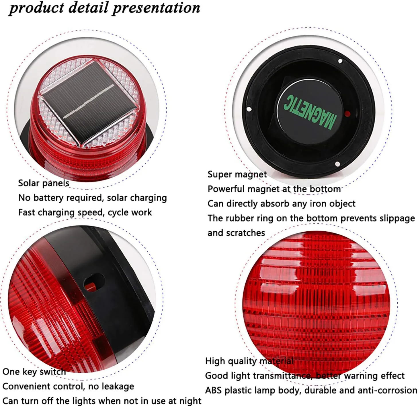 Solar Magnetic Led Strobe Warning Safety Flashing Light-Red
