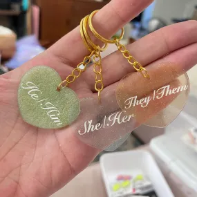 Sparkly Pronoun Heart Keychains - Sample Sale