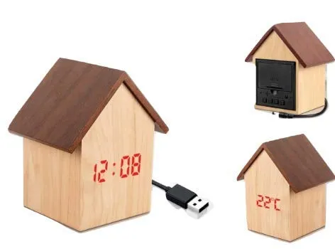 The Giftery HUT Shape Wooden LED Clock with Temperature and Sound Sensor | Dual Power (Battery/USB)