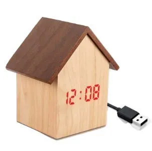 The Giftery HUT Shape Wooden LED Clock with Temperature and Sound Sensor | Dual Power (Battery/USB)