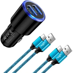 versatile Car Charger with 2 Pack 6FT3FT Type C Cable Dual Port USB Car Charger Adapter Fast Charging,  2 Port Car Charger with 6FT3FT Charging Cable Cord Nylon Braided for Samsung Android, Black