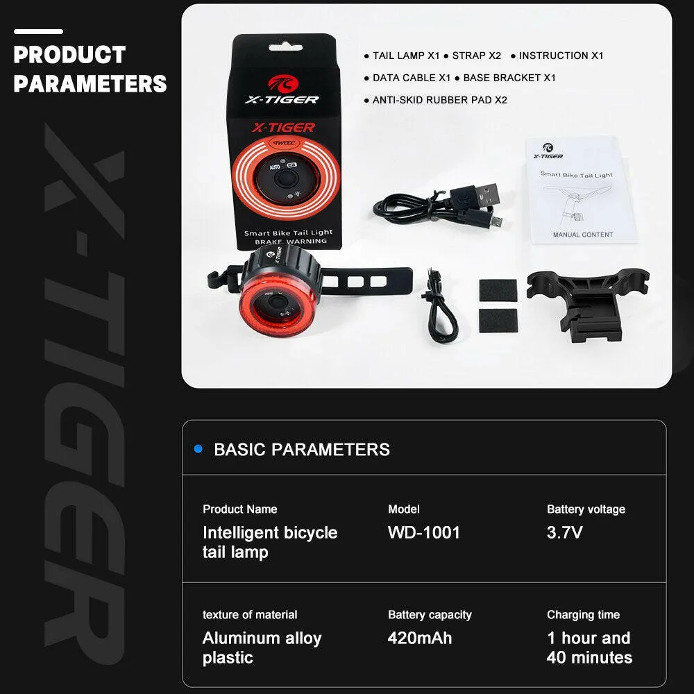 X-TIGER Bicycle Smart Auto Brake Sensing Light Waterproof LED Charging Cycling Taillight Bike Rear Light Warn Bicycle Tail light